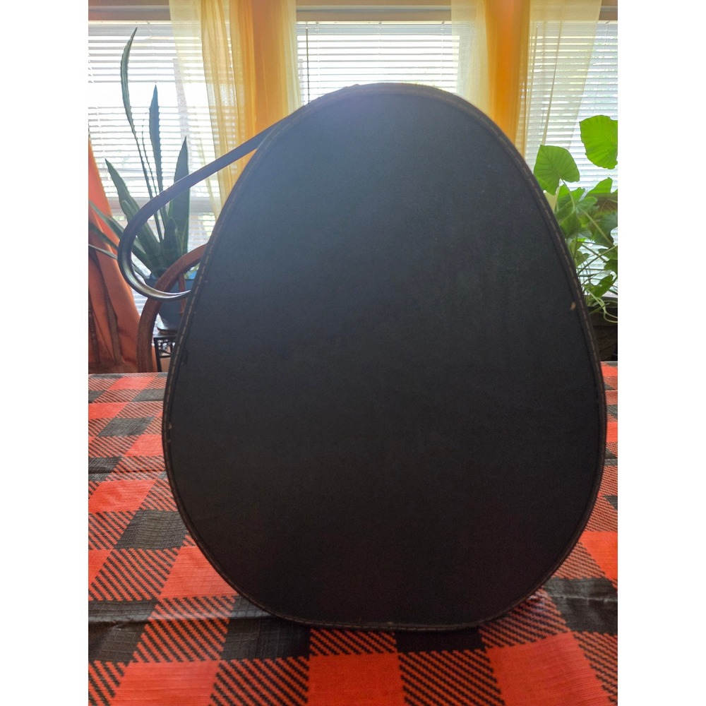 Vintage Navy Blue Oval Hat Box Vanity Case Faux Leather Travel Bag Retro